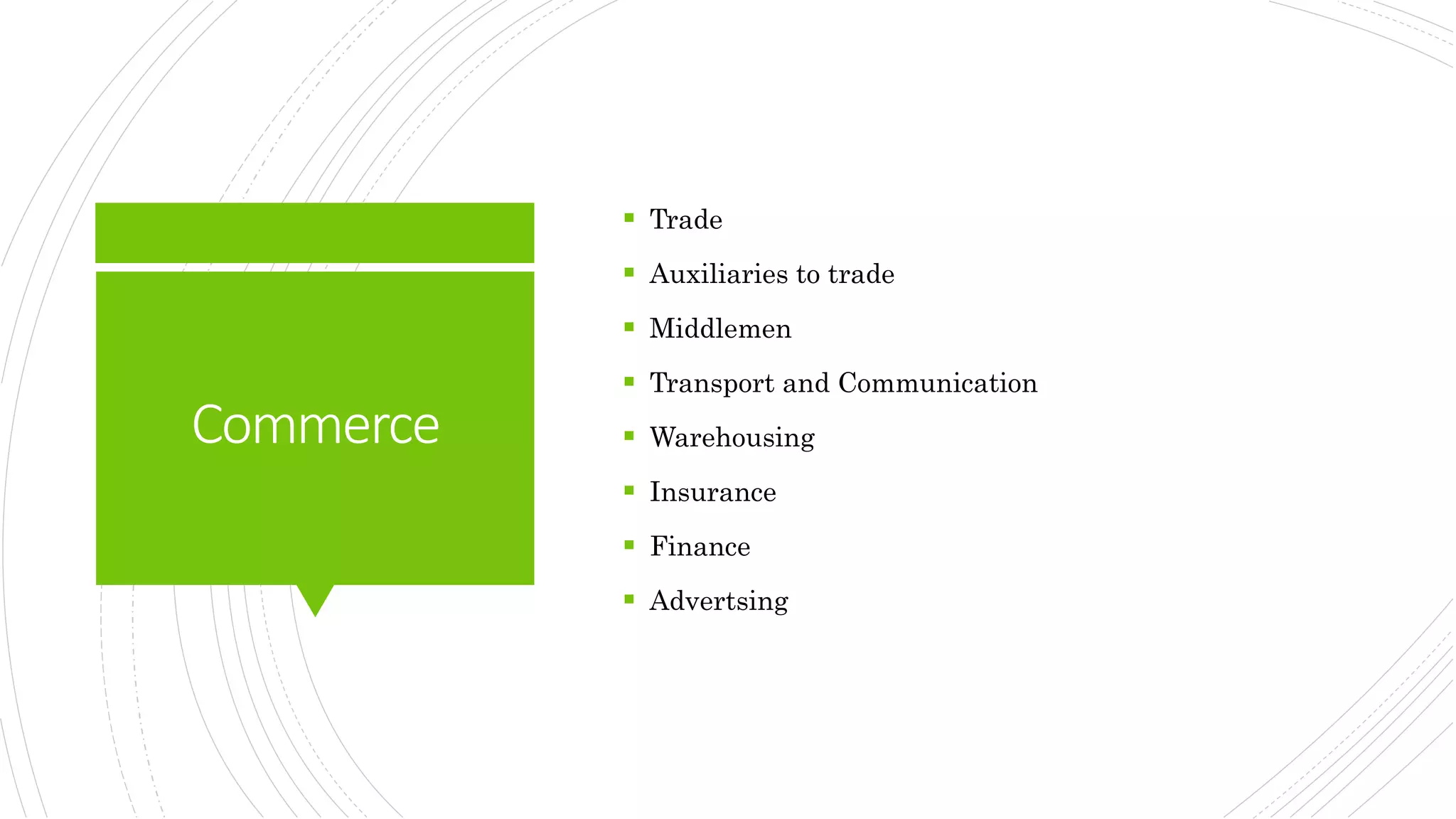 Commerce
 Trade
 Auxiliaries to trade
 Middlemen
 Transport and Communication
 Warehousing
 Insurance
 Finance
 Advertsing
 