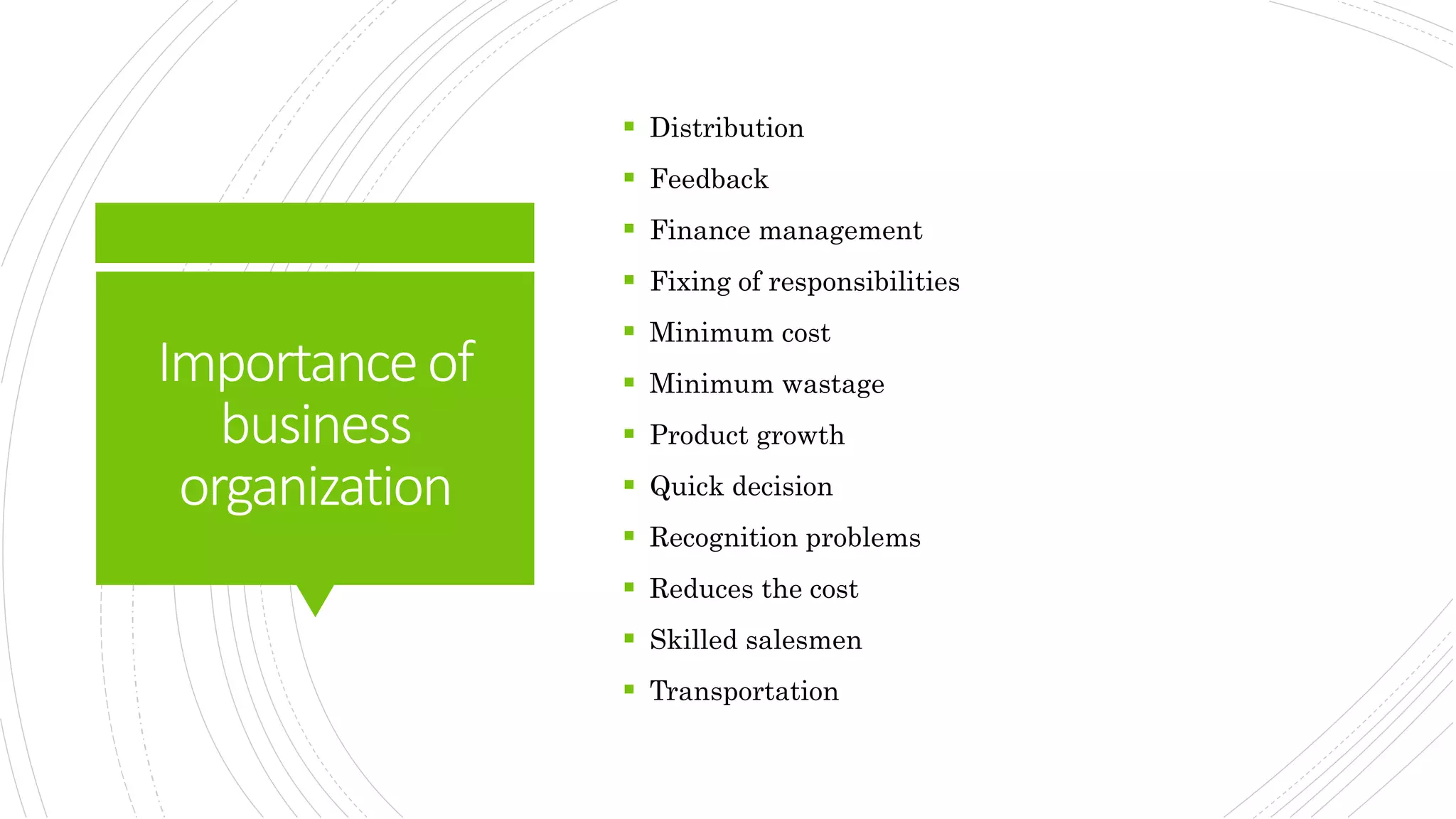 Importanceof
business
organization
 Distribution
 Feedback
 Finance management
 Fixing of responsibilities
 Minimum cost
 Minimum wastage
 Product growth
 Quick decision
 Recognition problems
 Reduces the cost
 Skilled salesmen
 Transportation
 