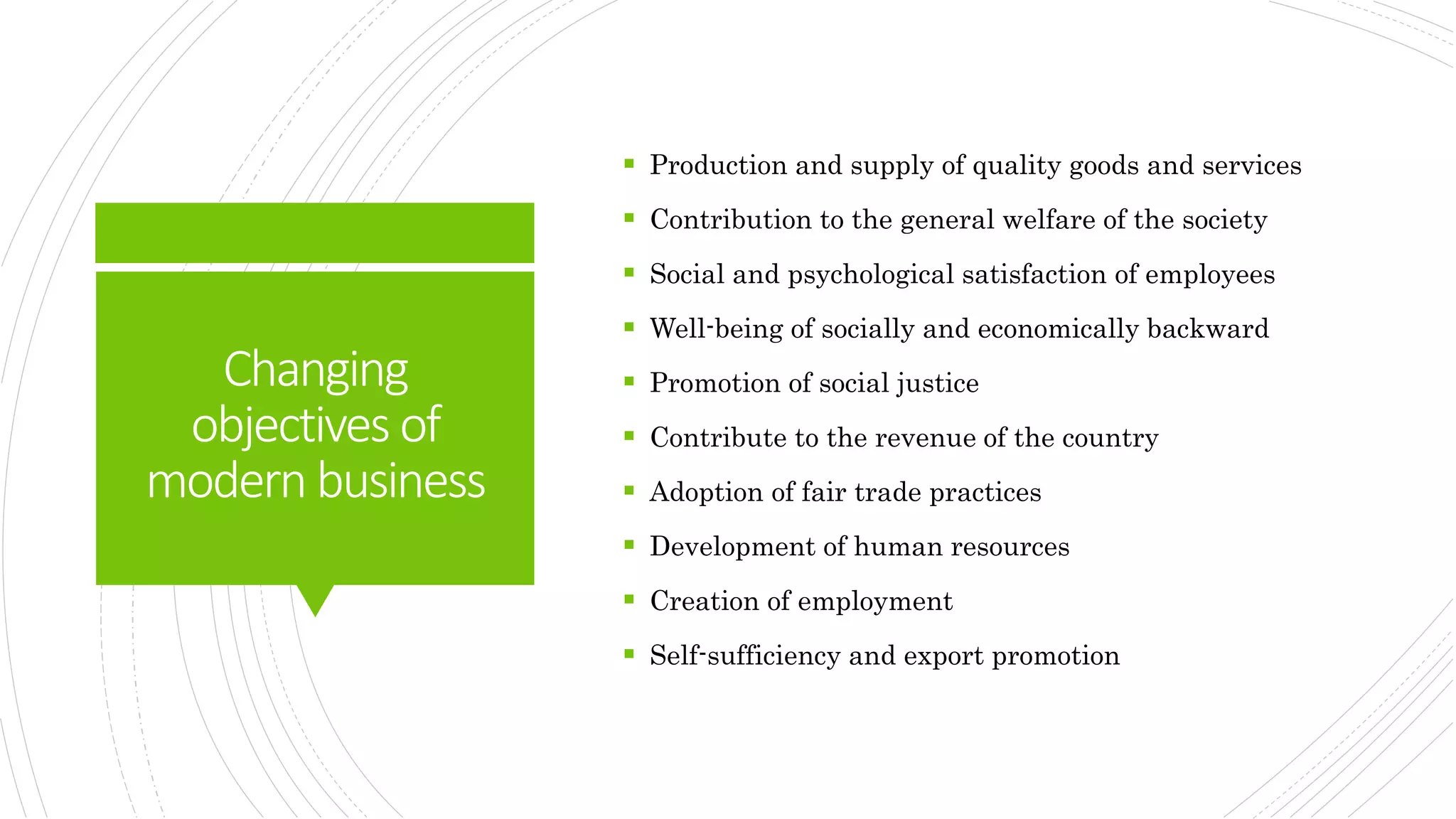 Changing
objectives of
modern business
 Production and supply of quality goods and services
 Contribution to the general welfare of the society
 Social and psychological satisfaction of employees
 Well-being of socially and economically backward
 Promotion of social justice
 Contribute to the revenue of the country
 Adoption of fair trade practices
 Development of human resources
 Creation of employment
 Self-sufficiency and export promotion
 