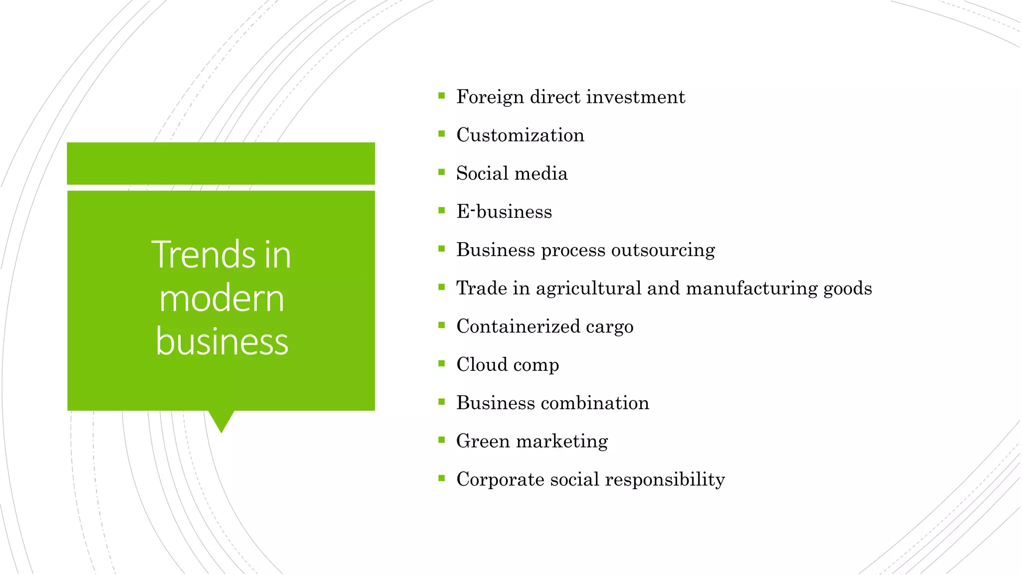 Trendsin
modern
business
 Foreign direct investment
 Customization
 Social media
 E-business
 Business process outsourcing
 Trade in agricultural and manufacturing goods
 Containerized cargo
 Cloud comp
 Business combination
 Green marketing
 Corporate social responsibility
 