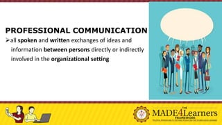 PROFESSIONAL COMMUNICATION
➢all spoken and written exchanges of ideas and
information between persons directly or indirectly
involved in the organizational setting
 