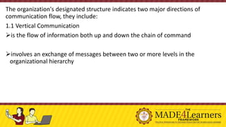 The organization's designated structure indicates two major directions of
communication flow, they include:
1.1 Vertical Communication
➢is the flow of information both up and down the chain of command
➢involves an exchange of messages between two or more levels in the
organizational hierarchy
 