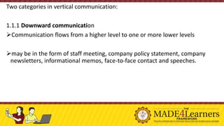 Two categories in vertical communication:
1.1.1 Downward communication
➢Communication flows from a higher level to one or more lower levels
➢may be in the form of staff meeting, company policy statement, company
newsletters, informational memos, face-to-face contact and speeches.
 