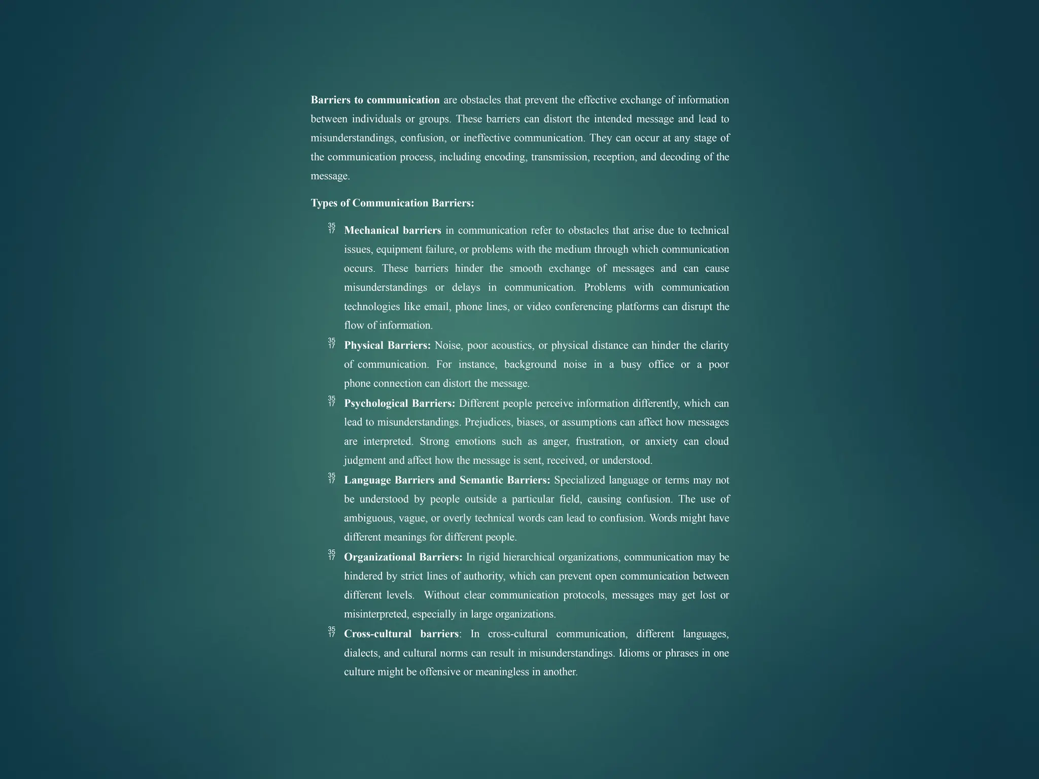 Barriers to communication are obstacles that prevent the effective exchange of information
between individuals or groups. These barriers can distort the intended message and lead to
misunderstandings, confusion, or ineffective communication. They can occur at any stage of
the communication process, including encoding, transmission, reception, and decoding of the
message.
Types of Communication Barriers:
 Mechanical barriers in communication refer to obstacles that arise due to technical
issues, equipment failure, or problems with the medium through which communication
occurs. These barriers hinder the smooth exchange of messages and can cause
misunderstandings or delays in communication. Problems with communication
technologies like email, phone lines, or video conferencing platforms can disrupt the
flow of information.
 Physical Barriers: Noise, poor acoustics, or physical distance can hinder the clarity
of communication. For instance, background noise in a busy office or a poor
phone connection can distort the message.
 Psychological Barriers: Different people perceive information differently, which can
lead to misunderstandings. Prejudices, biases, or assumptions can affect how messages
are interpreted. Strong emotions such as anger, frustration, or anxiety can cloud
judgment and affect how the message is sent, received, or understood.
 Language Barriers and Semantic Barriers: Specialized language or terms may not
be understood by people outside a particular field, causing confusion. The use of
ambiguous, vague, or overly technical words can lead to confusion. Words might have
different meanings for different people.
 Organizational Barriers: In rigid hierarchical organizations, communication may be
hindered by strict lines of authority, which can prevent open communication between
different levels. Without clear communication protocols, messages may get lost or
misinterpreted, especially in large organizations.
 Cross-cultural barriers: In cross-cultural communication, different languages,
dialects, and cultural norms can result in misunderstandings. Idioms or phrases in one
culture might be offensive or meaningless in another.
 