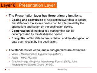  The Presentation layer has three primary functions:
 Coding and conversion of Application layer data to ensure
that data from the source device can be interpreted by the
appropriate application on the destination device.
 Compression of the data in a manner that can be
decompressed by the destination device.
 Encryption of the data for transmission and the decryption of
data upon receipt by the destination.
 The standards for video, audio and graphics are examples.
 Video – Motion Picture Experts Group (MP4).
 Audio – MP3, AC3 etc
 Graphic image -Graphics Interchange Format (GIF), Joint
Photographic Experts Group (JPEG).
Layer 6 : Presentation Layer
Networking
14
 