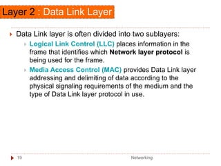  Data Link layer is often divided into two sublayers:
 Logical Link Control (LLC) places information in the
frame that identifies which Network layer protocol is
being used for the frame.
 Media Access Control (MAC) provides Data Link layer
addressing and delimiting of data according to the
physical signaling requirements of the medium and the
type of Data Link layer protocol in use.
Layer 2 : Data Link Layer
Networking
19
 