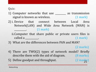 Quiz:
1) Computer networks that use _________ as transmission
signal is known as wireless. (1 mark)
2) i. Device that connect between Local Area
Network(LAN) and Wide Area Network (WAN) is
__________. (1 mark)
ii.Computer that share public or private users files is
called a ___________. (1 mark)
3) What are the differences between PAN and MAN?
(2 marks)
4) There are TWO(2) types of network model? Briefly
describe them with the aid of diagram. (8 marks)
5) Define goodput and throughput. (2 marks)
Networking
25
 