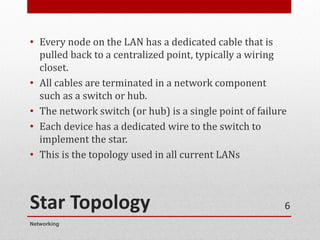 Star Topology
• Every node on the LAN has a dedicated cable that is
pulled back to a centralized point, typically a wiring
closet.
• All cables are terminated in a network component
such as a switch or hub.
• The network switch (or hub) is a single point of failure
• Each device has a dedicated wire to the switch to
implement the star.
• This is the topology used in all current LANs
Networking
6
 
