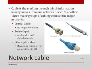 Network cable
• Cable is the medium through which information
usually moves from one network device to another.
Three major groups of cabling connect the major
networks:
• Coaxial Cable
• no longer common
• Twisted-pair
• unshielded and
shielded cable
• Fiber-optic cable
• Becoming common for
connections to ISP
Networking
15
 