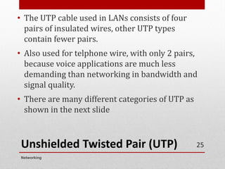 Unshielded Twisted Pair (UTP)
• The UTP cable used in LANs consists of four
pairs of insulated wires, other UTP types
contain fewer pairs.
• Also used for telphone wire, with only 2 pairs,
because voice applications are much less
demanding than networking in bandwidth and
signal quality.
• There are many different categories of UTP as
shown in the next slide
Networking
25
 