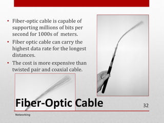 Fiber-Optic Cable
• Fiber-optic cable is capable of
supporting millions of bits per
second for 1000s of meters.
• Fiber optic cable can carry the
highest data rate for the longest
distances.
• The cost is more expensive than
twisted pair and coaxial cable.
Networking
32
 