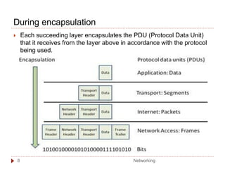 During encapsulation
 Each succeeding layer encapsulates the PDU (Protocol Data Unit)
that it receives from the layer above in accordance with the protocol
being used.
Networking
8
 