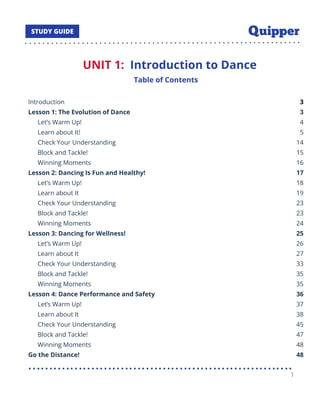 UNIT 1: Introduction to Dance
Table of Contents
Introduction 3
Lesson 1: The Evolution of Dance 3
Let’s Warm Up! 4
Learn about It! 5
Check Your Understanding 14
Block and Tackle! 15
Winning Moments 16
Lesson 2: Dancing Is Fun and Healthy! 17
Let’s Warm Up! 18
Learn about It 19
Check Your Understanding 23
Block and Tackle! 23
Winning Moments 24
Lesson 3: Dancing for Wellness! 25
Let’s Warm Up! 26
Learn about It 27
Check Your Understanding 33
Block and Tackle! 35
Winning Moments 35
Lesson 4: Dance Performance and Safety 36
Let’s Warm Up! 37
Learn about It 38
Check Your Understanding 45
Block and Tackle! 47
Winning Moments 48
Go the Distance! 48
1
 