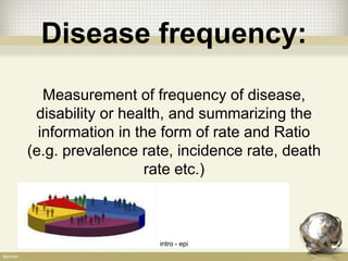 Disease frequency:
Measurement of frequency of disease,
disability or health, and summarizing the
information in the form of rate and Ratio
(e.g. prevalence rate, incidence rate, death
rate etc.)
intro - epi 4
 