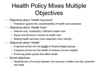 Health Policy Mixes Multiple
Objectives
• Objectives about “Health Insurance”
– Protection against the unpredictability of health care expenses
• Objectives about “Health Care”
– Delivers only “costworthy” (efficient) health care
– Equity and fairness in access to health care
– Making health services more respectful, kind, friendly…
• Objectives about “Health”
– A special concern for the health of disadvantaged groups
– A special concern for the health of workers (human capital)
– Financing public goods that affect health
• Social objectives
– Redistribution of income between rich and poor, healthy and sick, powerful
and weak
 
