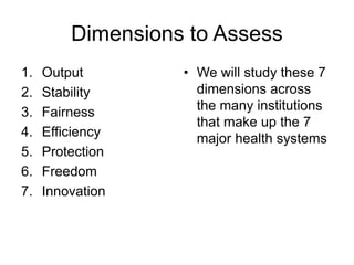 Dimensions to Assess
1. Output
2. Stability
3. Fairness
4. Efficiency
5. Protection
6. Freedom
7. Innovation
• We will study these 7
dimensions across
the many institutions
that make up the 7
major health systems
 