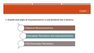 CONT…
 Growth and origin of macroeconomics is sub-dividend into 3 sections:
Classical Macroeconomics
Keynesian Revolution and macroeconomics
Post Keynesian Revolution
 