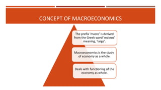 CONCEPT OF MACROECONOMICS
The prefix 'macro' is derived
from the Greek word 'makros'
meaning, 'large'.
Macroeconomics is the study
of economy as a whole
Deals with functioning of the
economy as whole.
 