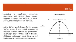CONT…
 According to supply-side economics,
consumers will benefit from greater
supplies of goods and services at lower
prices, and employment will increase.
 Arthur Laffer, widely known for his famous
"Laffer curve ( theoretical relationship
between rates of taxation and government
revenue.)", argued that a cut in tax rate
shifts aggregate supply curve rightward and
leads to a rise in output and employment.
 