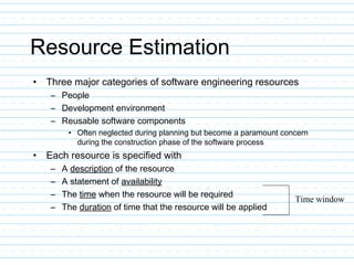 Resource Estimation
• Three major categories of software engineering resources
– People
– Development environment
– Reusable software components
• Often neglected during planning but become a paramount concern
during the construction phase of the software process
• Each resource is specified with
– A description of the resource
– A statement of availability
– The time when the resource will be required
– The duration of time that the resource will be applied
Time window
 