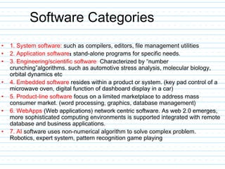 Software Categories
• 1. System software: such as compilers, editors, file management utilities
• 2. Application software: stand-alone programs for specific needs.
• 3. Engineering/scientific software: Characterized by “number
crunching”algorithms. such as automotive stress analysis, molecular biology,
orbital dynamics etc
• 4. Embedded software resides within a product or system. (key pad control of a
microwave oven, digital function of dashboard display in a car)
• 5. Product-line software focus on a limited marketplace to address mass
consumer market. (word processing, graphics, database management)
• 6. WebApps (Web applications) network centric software. As web 2.0 emerges,
more sophisticated computing environments is supported integrated with remote
database and business applications.
• 7. AI software uses non-numerical algorithm to solve complex problem.
Robotics, expert system, pattern recognition game playing
 