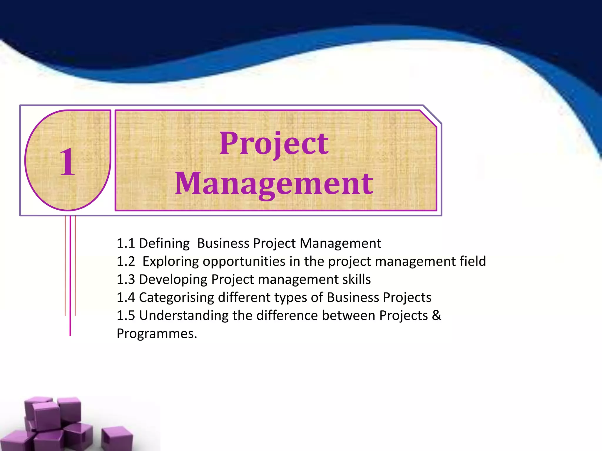 1
Project
Management
1.1 Defining Business Project Management
1.2 Exploring opportunities in the project management field
1.3 Developing Project management skills
1.4 Categorising different types of Business Projects
1.5 Understanding the difference between Projects &
Programmes.
 
