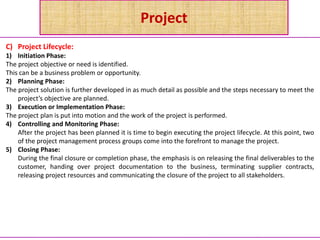 Project
C) Project Lifecycle:
1) Initiation Phase:
The project objective or need is identified.
This can be a business problem or opportunity.
2) Planning Phase:
The project solution is further developed in as much detail as possible and the steps necessary to meet the
project’s objective are planned.
3) Execution or Implementation Phase:
The project plan is put into motion and the work of the project is performed.
4) Controlling and Monitoring Phase:
After the project has been planned it is time to begin executing the project lifecycle. At this point, two
of the project management process groups come into the forefront to manage the project.
5) Closing Phase:
During the final closure or completion phase, the emphasis is on releasing the final deliverables to the
customer, handing over project documentation to the business, terminating supplier contracts,
releasing project resources and communicating the closure of the project to all stakeholders.
 