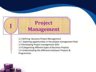 1
Project
Management
1.1 Defining Business Project Management
1.2 Exploring opportunities in the project management field
1.3 Developing Project management skills
1.4 Categorising different types of Business Projects
1.5 Understanding the difference between Projects &
Programmes.
 