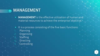 MANAGEMENT
⬥ MANAGEMENT is the effective utilization of human and
material resources to achieve the enterprise objective.
⬥ It is a process consisting of the five basic functions:
1. Planning
2. Organising
3. Staffing
4. Directing
5. Controlling
3
 