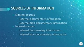 SOURCES OF INFORMATION
⬥ External sources
 External documentary information
 External Non-documentary information
⬥ Internal sources
 Internal documentary information
 Internal Non-documentary information
33
 