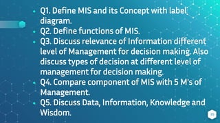 ⬥ Q1. Define MIS and its Concept with label
diagram.
⬥ Q2. Define functions of MIS.
⬥ Q3. Discuss relevance of Information different
level of Management for decision making. Also
discuss types of decision at different level of
management for decision making.
⬥ Q4. Compare component of MIS with 5 M's of
Management.
⬥ Q5. Discuss Data, Information, Knowledge and
Wisdom. 39
 