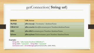 getConnection( String url)
RDBMS URL format
MySQL jdbc:mysql://hostname/ databaseName
ORACLE jdbc:oracle:thin:@hostname:port Number:databaseName
DB2 jdbc:db2:hostname:port Number/databaseName
Sybase jdbc:sybase:Tds:hostname: port Number/databaseName
Example :
String URL = "jdbc:mysql://localhost:3306/dbcon";
String USER = "username"; String PASS = "password"
Connection conn = DriverManager.getConnection(URL, USER, PASS);
 