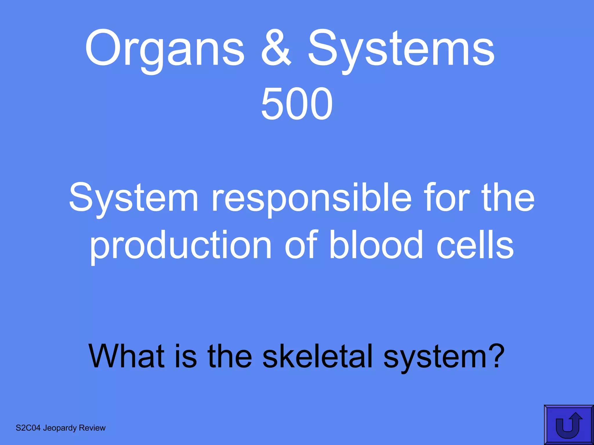 Organs & Systems
                           500

            System responsible for the
             production of blood cells

                What is the skeletal system?
S2C04 Jeopardy Review
 