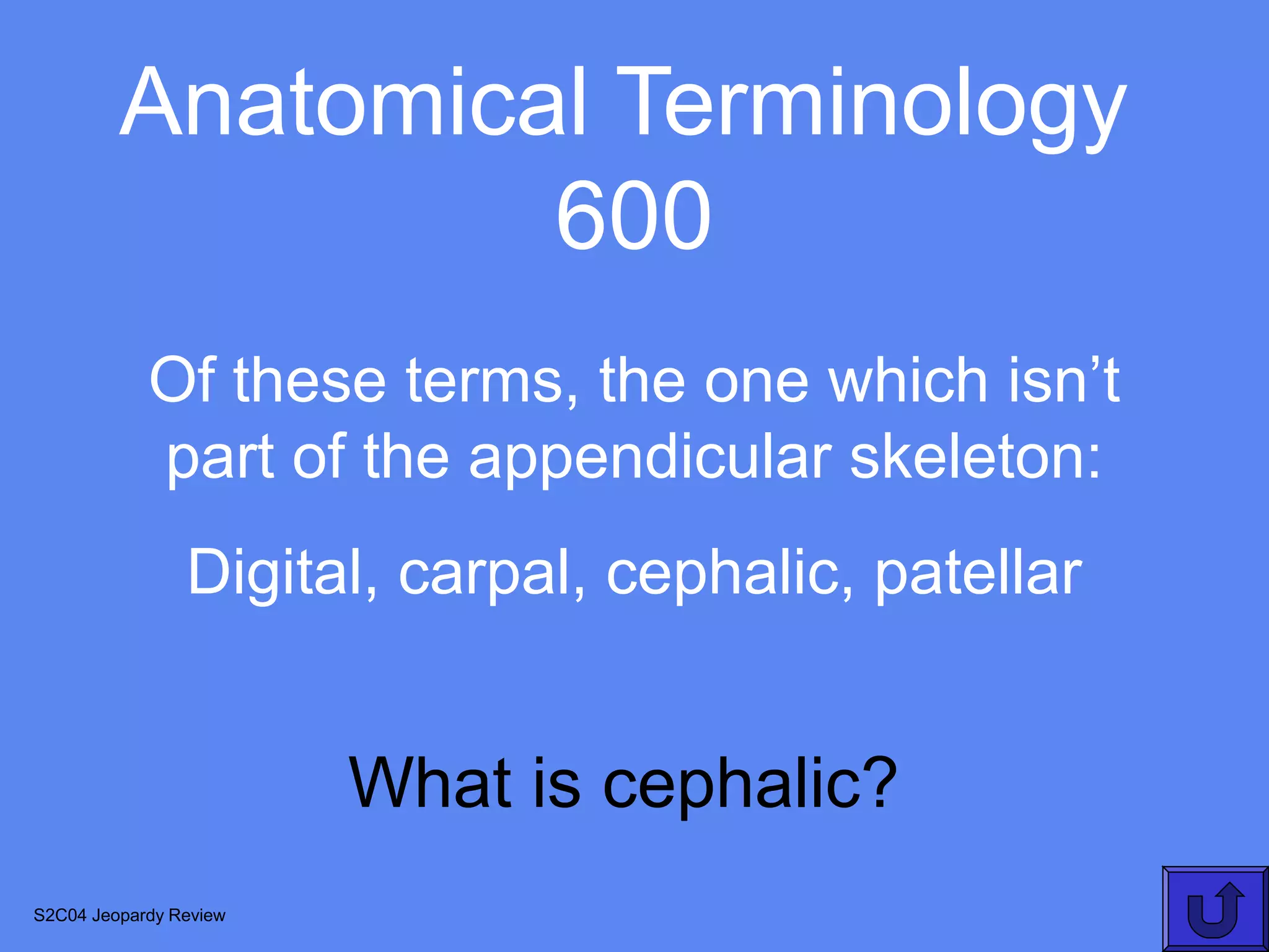 Anatomical Terminology
                  600
            Of these terms, the one which isn’t
            part of the appendicular skeleton:
                Digital, carpal, cephalic, patellar


                        What is cephalic?
S2C04 Jeopardy Review
 