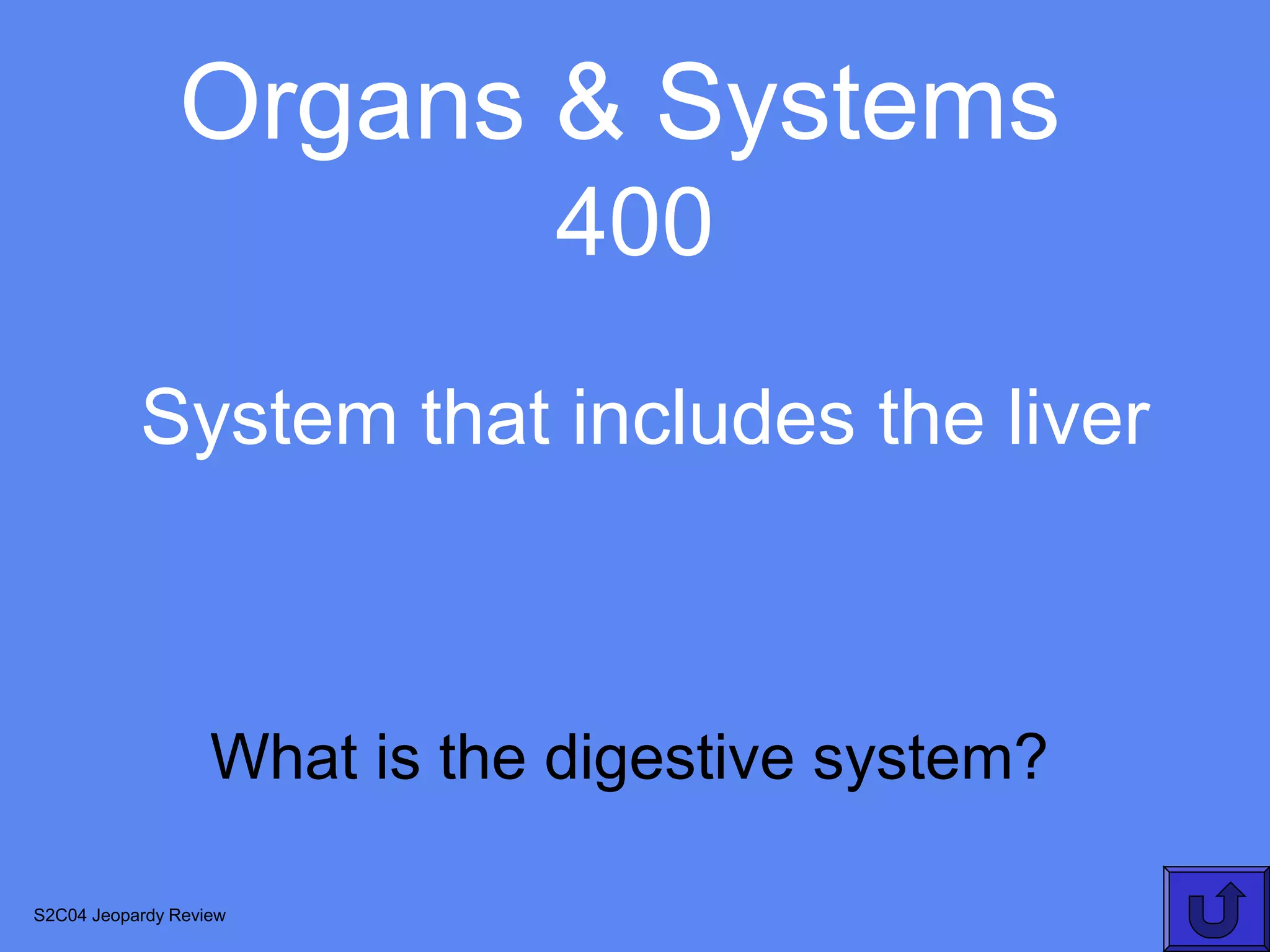 Organs & Systems
                              400
           System that includes the liver



                   What is the digestive system?

S2C04 Jeopardy Review
 