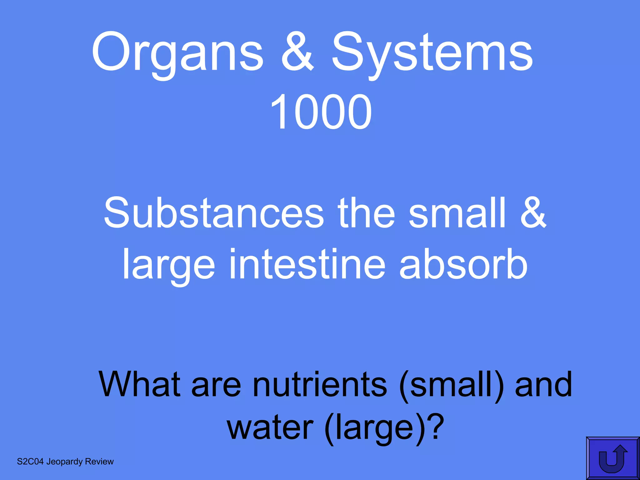 Organs & Systems
                           1000

                  Substances the small &
                   large intestine absorb

                 What are nutrients (small) and
                        water (large)?
S2C04 Jeopardy Review
 
