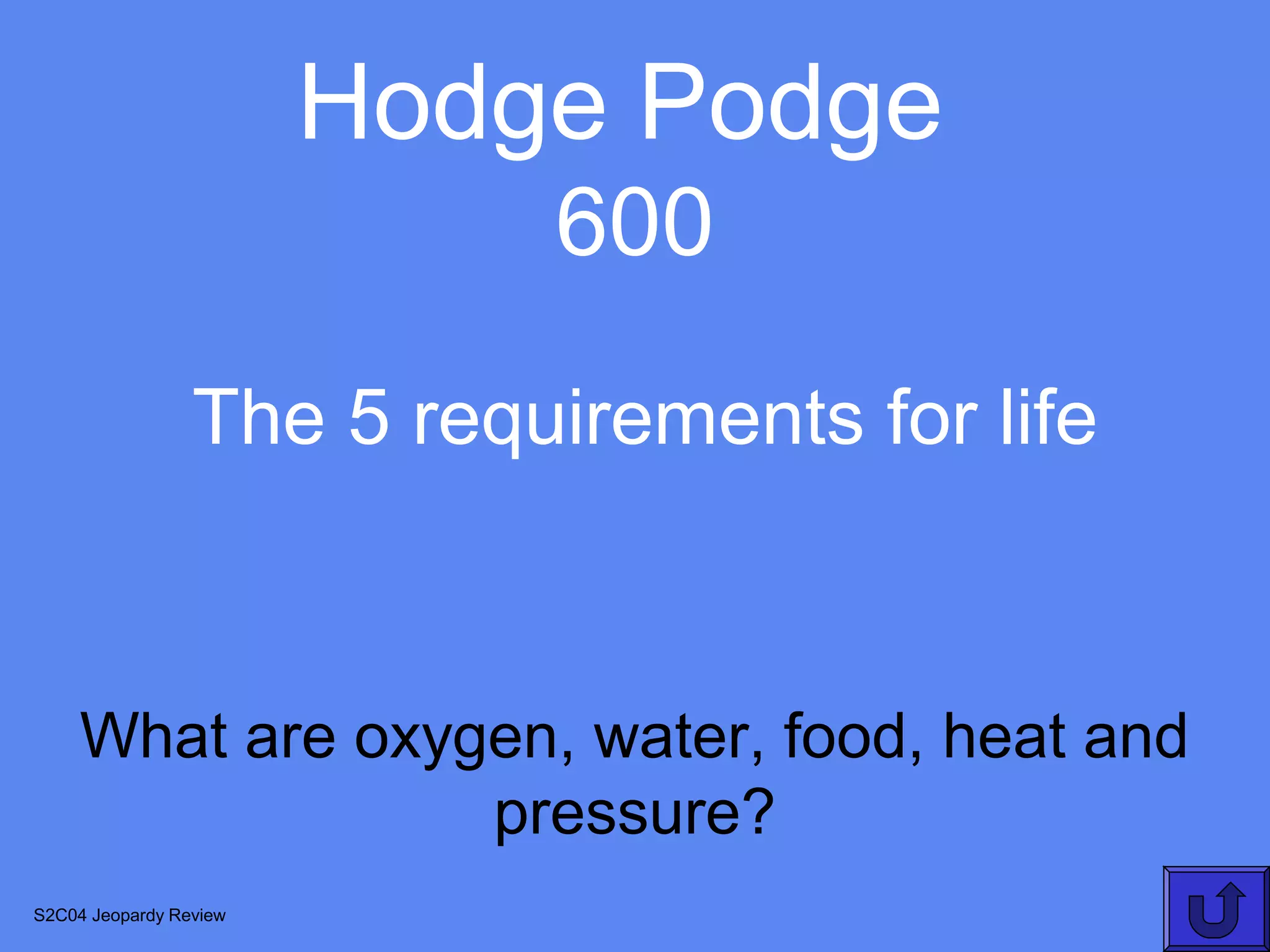 Hodge Podge
                            600
                 The 5 requirements for life



     What are oxygen, water, food, heat and
                  pressure?
S2C04 Jeopardy Review
 