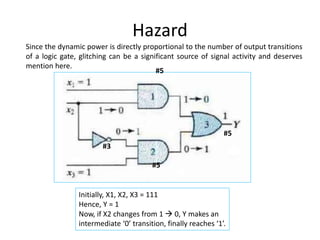 Hazard
#5
#5
#5
#3
Initially, X1, X2, X3 = 111
Hence, Y = 1
Now, if X2 changes from 1  0, Y makes an
intermediate ‘0’ transition, finally reaches ‘1’.
Since the dynamic power is directly proportional to the number of output transitions
of a logic gate, glitching can be a significant source of signal activity and deserves
mention here.
 