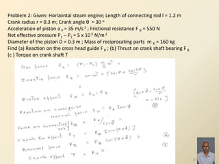 37
Problem 2: Given: Horizontal steam engine; Length of connecting rod l = 1.2 m
Crank radius r = 0.3 m; Crank angle θ = 30 o
Acceleration of piston a P = 35 m/s 2 ; Frictional resistance F R = 550 N
Net effective pressure P1 – P1 = 5 x 10 5 N/m 2
Diameter of the piston D = 0.3 m ; Mass of reciprocating parts m R = 160 kg
Find (a) Reaction on the cross head guide F R ; (b) Thrust on crank shaft bearing F B
(c ) Torque on crank shaft T
 