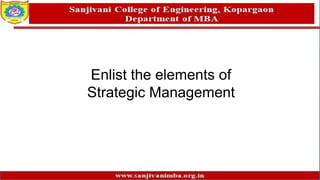 Enlist the elements of
Strategic Management
 