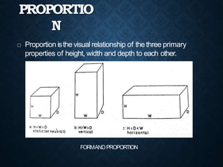 PROPORTIO
N
 Proportion isthe visual relationship of the three primary
properties of height, width and depth to each other.
FORMANDPROPORTION
 
