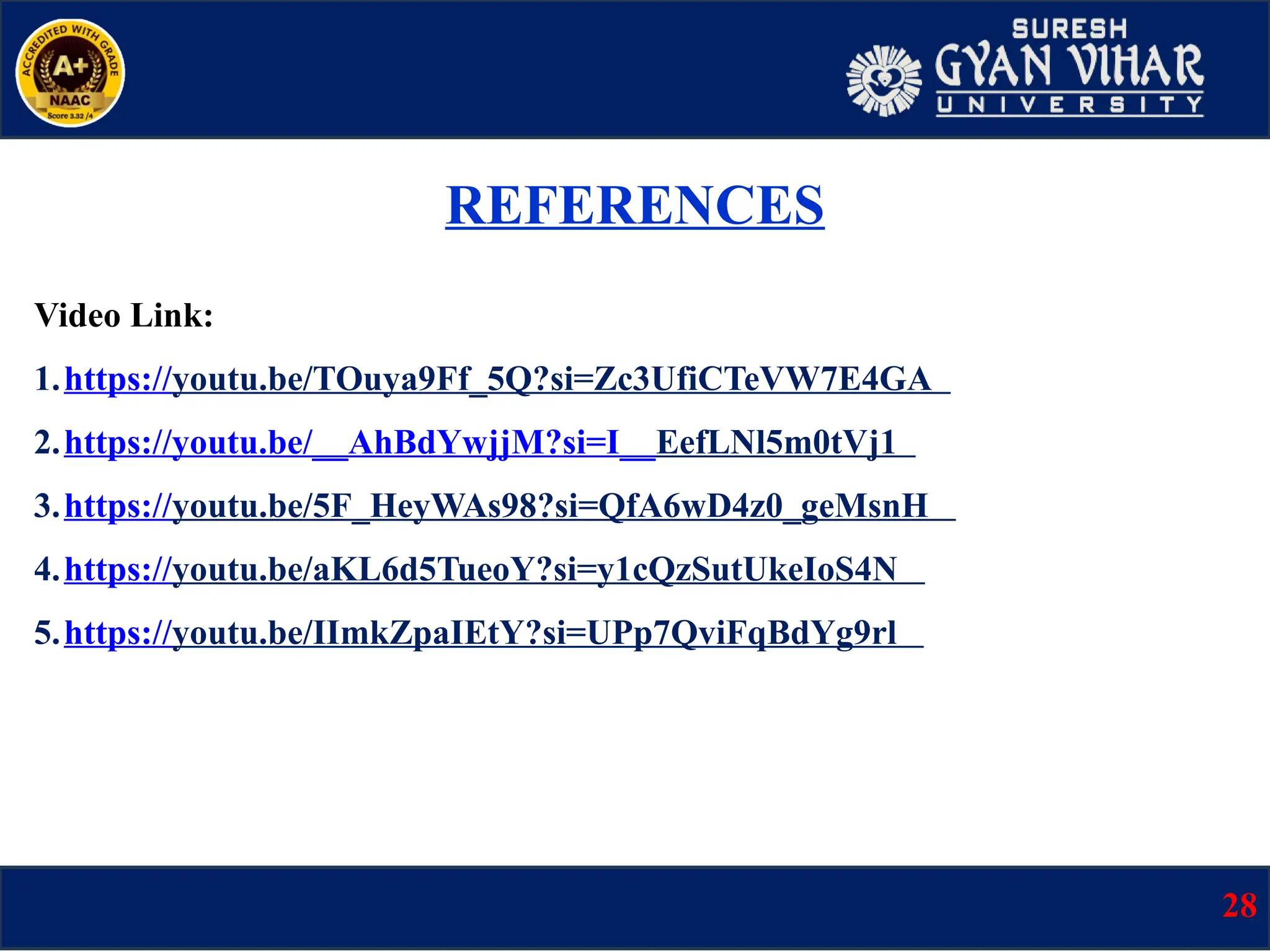 REFERENCES
Video Link:
1.https://youtu.be/TOuya9Ff_5Q?si=Zc3UfiCTeVW7E4GA
2.https://youtu.be/__AhBdYwjjM?si=I__EefLNl5m0tVj1
3.https://youtu.be/5F_HeyWAs98?si=QfA6wD4z0_geMsnH
4.https://youtu.be/aKL6d5TueoY?si=y1cQzSutUkeIoS4N
5.https://youtu.be/IImkZpaIEtY?si=UPp7QviFqBdYg9rl
28
 