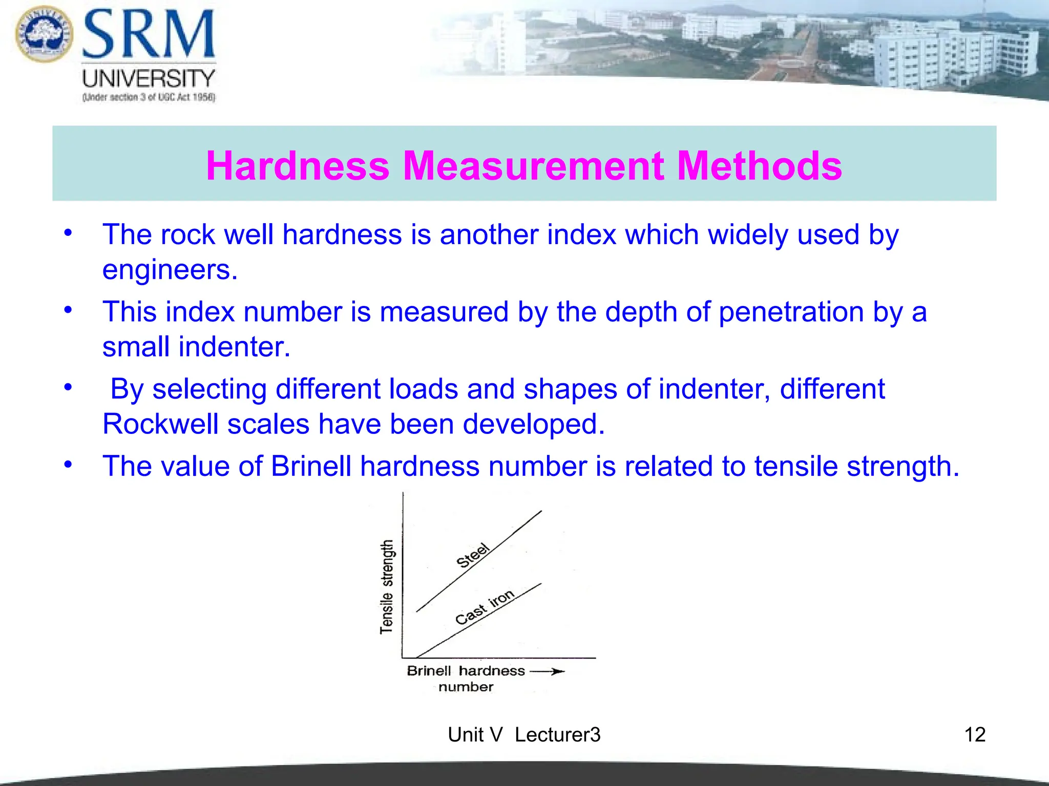 Unit V Lecturer3 12
Hardness Measurement Methods
• The rock well hardness is another index which widely used by
engineers.
• This index number is measured by the depth of penetration by a
small indenter.
• By selecting different loads and shapes of indenter, different
Rockwell scales have been developed.
• The value of Brinell hardness number is related to tensile strength.
 