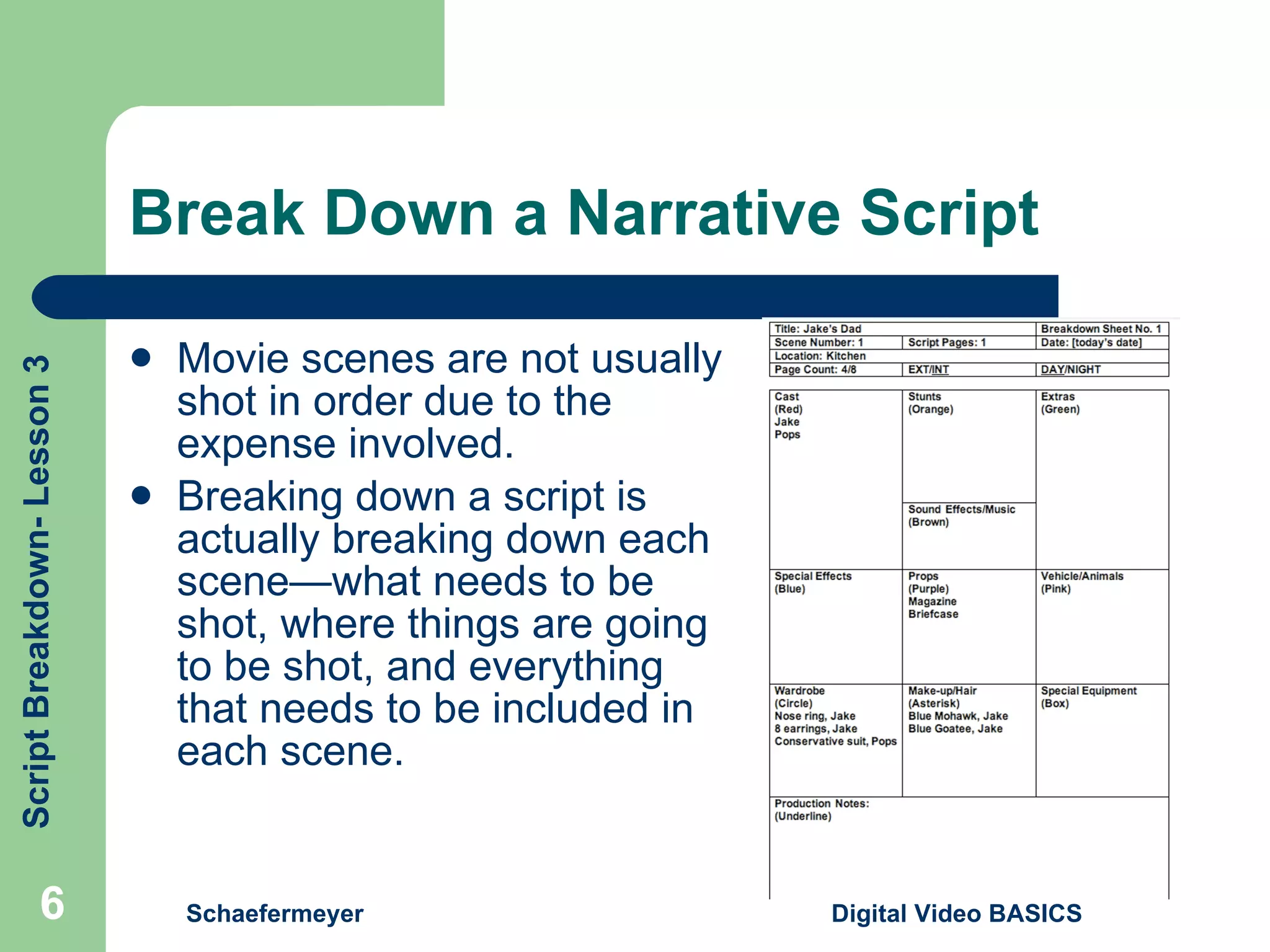 Break Down a Narrative Script Movie scenes are not usually shot in order due to the expense involved. Breaking down a script is actually breaking down each scene—what needs to be shot, where things are going to be shot, and everything that needs to be included in each scene. Schaefermeyer Digital Video BASICS  