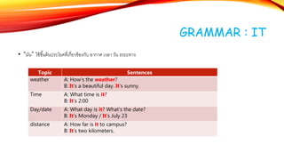 GRAMMAR : IT
• “มัน” ใช้ขึ้นต้นประโยคที่เกี่ยวข้องกับ อากาศ เวลา วัน ระยะทาง
Topic Sentences
weather A: How’s the weather?
B: It’s a beautiful day. It’s sunny.
Time A: What time is it?
B: It’s 2:00
Day/date A: What day is it? What’s the date?
B: It’s Monday / It’s July 23
distance A: How far is it to campus?
B: It’s two kilometers.
 