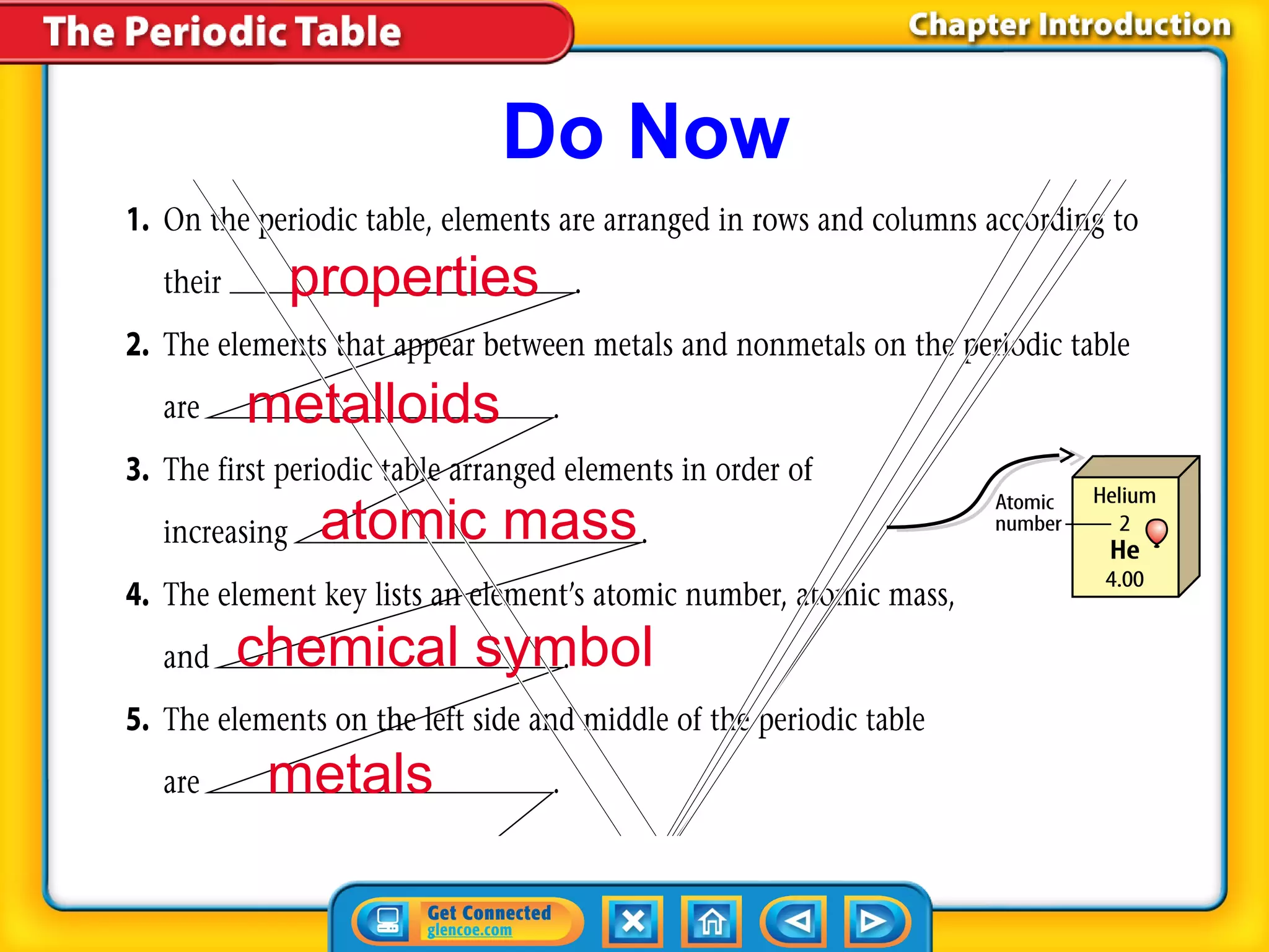 Do Now
 properties

metalloids

   atomic mass

chemical symbol

 metals
 