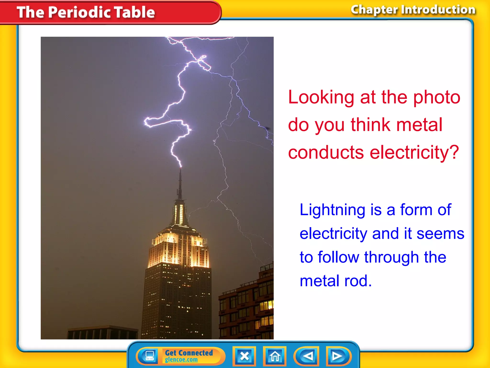Looking at the photo
do you think metal
conducts electricity?

 Lightning is a form of
 electricity and it seems
 to follow through the
 metal rod.
 
