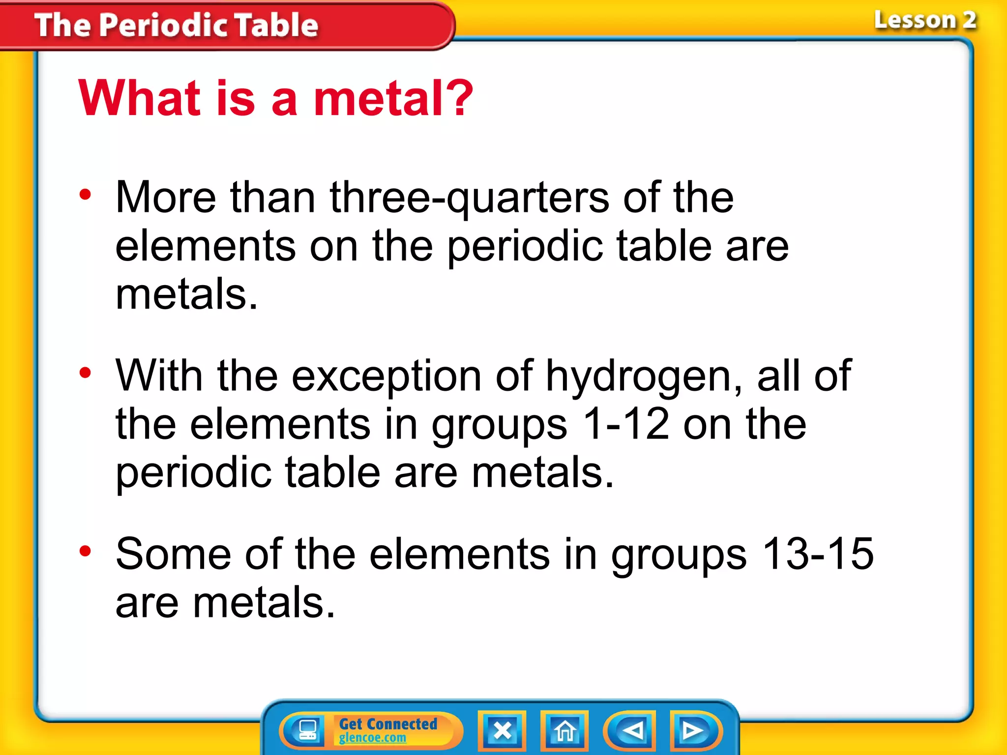 What is a metal?
• More than three-quarters of the
  elements on the periodic table are
  metals.
• With the exception of hydrogen, all of
  the elements in groups 1-12 on the
  periodic table are metals.
• Some of the elements in groups 13-15
  are metals.
 