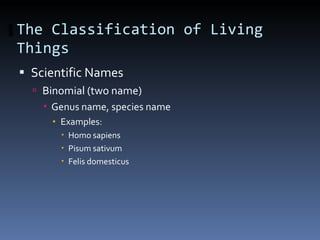The Classification of Living Things Scientific Names Binomial (two name) Genus name, species name Examples:  Homo sapiens Pisum sativum Felis domesticus 