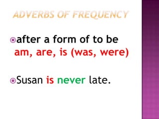 after
     a form of to be
am, are, is (was, were)

Susan   is never late.
 